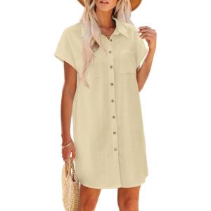 imageZeagoo Womens Summer Dress 2025 Cotton Button Down Short Sleeve Tshirt Dresses Casual Flowy V Neck Loose Mini Beach DressLight Khaki