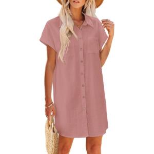 imageZeagoo Womens Summer Dress 2025 Cotton Button Down Short Sleeve Tshirt Dresses Casual Flowy V Neck Loose Mini Beach DressPink