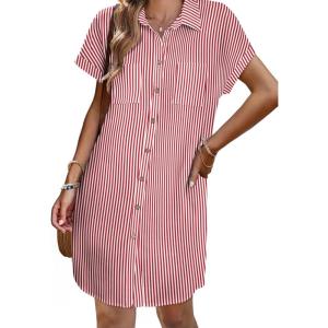 imageZeagoo Womens Summer Dress 2025 Cotton Button Down Short Sleeve Tshirt Dresses Casual Flowy V Neck Loose Mini Beach DressRedwhite Stripe