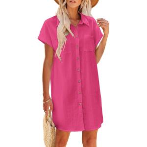imageZeagoo Womens Summer Dress 2025 Cotton Button Down Short Sleeve Tshirt Dresses Casual Flowy V Neck Loose Mini Beach DressRose Red