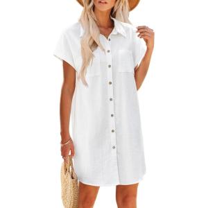 imageZeagoo Womens Summer Dress 2025 Cotton Button Down Short Sleeve Tshirt Dresses Casual Flowy V Neck Loose Mini Beach DressWhite