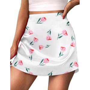 imageZeagoo Womens Summer Mini Skirts Elastic High Waisted Stain ALine Zipper Party Skirt 2025Beige Floral