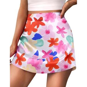 imageZeagoo Womens Summer Mini Skirts Elastic High Waisted Stain ALine Zipper Party Skirt 2025Colorful Floral