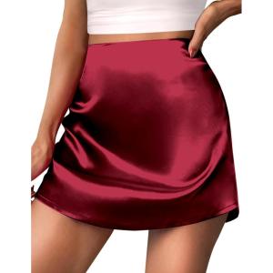 imageZeagoo Womens Summer Mini Skirts Elastic High Waisted Stain ALine Zipper Party Skirt 2025Wine Red