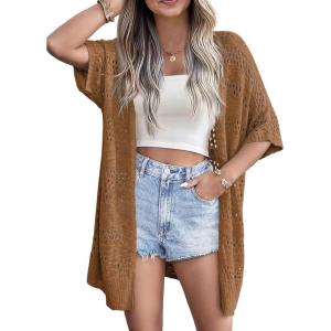 imageZeagoo Lightweight Summer Crochet Cardigan for Women Short Sleeve Kimono Boho Oversized Open Front Knitted CardiganDark Brown