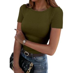 imageZeagoo Womens Short Sleeve Tops Casual Crewneck Ribbed Knit Slim Fitted Basic Tee Stretchy Shirts 2025 Summer Trendy OutfitsArmy Green