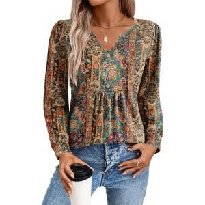 imageZeagoo Long Sleeve Shirts for Women 2025 Casual Pleated V Neck Fall Tunic Tops Button Down Blouse Dressy Loose TShirts01ethnic Floral 01
