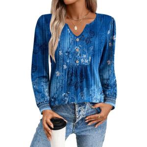 imageZeagoo Long Sleeve Shirts for Women 2025 Casual Pleated V Neck Fall Tunic Tops Button Down Blouse Dressy Loose TShirts02blue Ethnic Floral