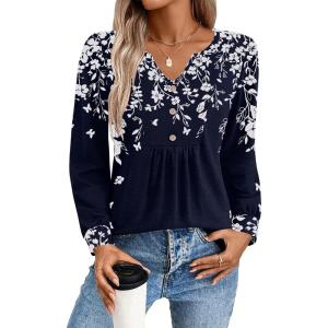 imageZeagoo Long Sleeve Shirts for Women 2025 Casual Pleated V Neck Fall Tunic Tops Button Down Blouse Dressy Loose TShirts02navy Flower