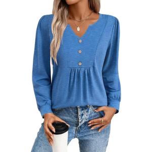 imageZeagoo Long Sleeve Shirts for Women 2025 Casual Pleated V Neck Fall Tunic Tops Button Down Blouse Dressy Loose TShirtsBlue