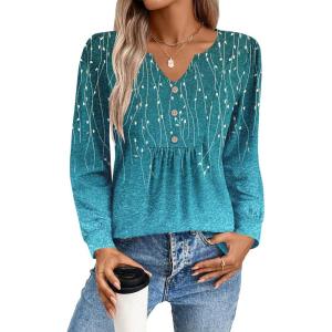 imageZeagoo Long Sleeve Shirts for Women 2025 Casual Pleated V Neck Fall Tunic Tops Button Down Blouse Dressy Loose TShirtsBlue Floral