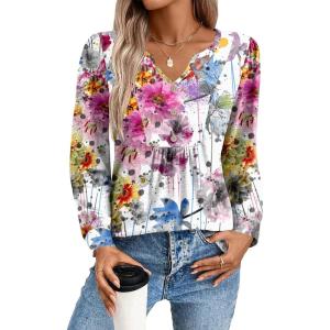 imageZeagoo Long Sleeve Shirts for Women 2025 Casual Pleated V Neck Fall Tunic Tops Button Down Blouse Dressy Loose TShirtsColorful