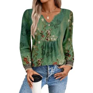 imageZeagoo Long Sleeve Shirts for Women 2025 Casual Pleated V Neck Fall Tunic Tops Button Down Blouse Dressy Loose TShirtsGreen Ethnic Print