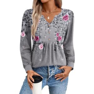 imageZeagoo Long Sleeve Shirts for Women 2025 Casual Pleated V Neck Fall Tunic Tops Button Down Blouse Dressy Loose TShirtsGrey Floral
