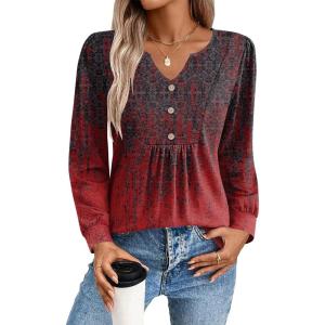 imageZeagoo Long Sleeve Shirts for Women 2025 Casual Pleated V Neck Fall Tunic Tops Button Down Blouse Dressy Loose TShirtsGrey Red Print