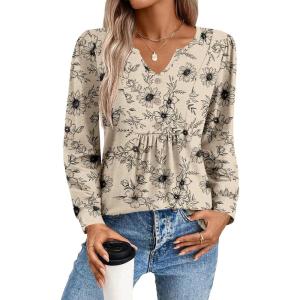 imageZeagoo Long Sleeve Shirts for Women 2025 Casual Pleated V Neck Fall Tunic Tops Button Down Blouse Dressy Loose TShirtsLight Coffee Floral