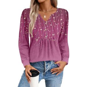 imageZeagoo Long Sleeve Shirts for Women 2025 Casual Pleated V Neck Fall Tunic Tops Button Down Blouse Dressy Loose TShirtsPink Print