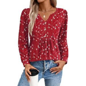 imageZeagoo Long Sleeve Shirts for Women 2025 Casual Pleated V Neck Fall Tunic Tops Button Down Blouse Dressy Loose TShirtsRed Floral