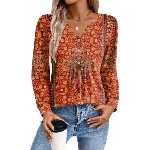 imageZeagoo Long Sleeve Shirts for Women 2025 Casual Pleated V Neck Fall Tunic Tops Button Down Blouse Dressy Loose TShirtsVintage Flower
