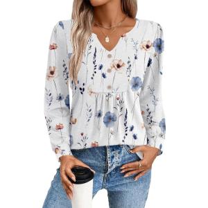 imageZeagoo Long Sleeve Shirts for Women 2025 Casual Pleated V Neck Fall Tunic Tops Button Down Blouse Dressy Loose TShirtsWhite Floral