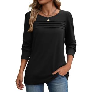 imageZeagoo Long Sleeve Shirts for Women Casual Fall Fashion Crewneck Pleated Tunic Tops Work Outfit BlouseBlack