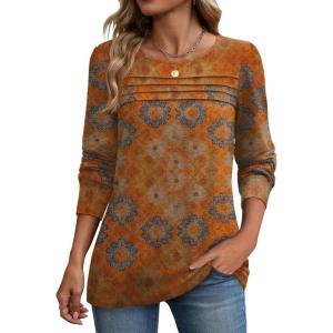 imageZeagoo Long Sleeve Shirts for Women Casual Fall Fashion Crewneck Pleated Tunic Tops Work Outfit BlouseBobo Orange 836