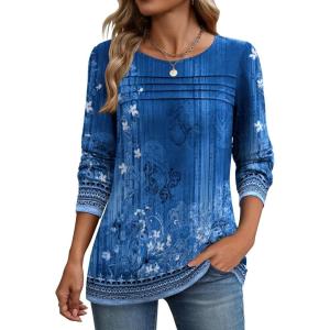 imageZeagoo Long Sleeve Shirts for Women Casual Fall Fashion Crewneck Pleated Tunic Tops Work Outfit BlouseBoho Blue 712