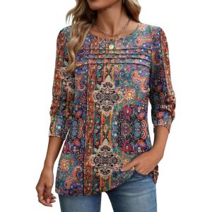 imageZeagoo Long Sleeve Shirts for Women Casual Fall Fashion Crewneck Pleated Tunic Tops Work Outfit BlouseBoho Multicolor 721