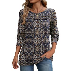 imageZeagoo Long Sleeve Shirts for Women Casual Fall Fashion Crewneck Pleated Tunic Tops Work Outfit BlouseBoho Navy 869