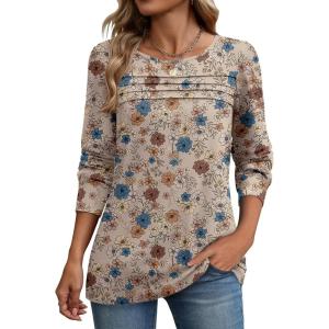 imageZeagoo Long Sleeve Shirts for Women Casual Fall Fashion Crewneck Pleated Tunic Tops Work Outfit BlouseFloral 170