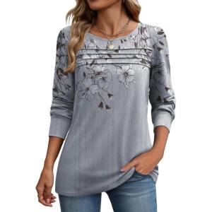 imageZeagoo Long Sleeve Shirts for Women Casual Fall Fashion Crewneck Pleated Tunic Tops Work Outfit BlouseFloral Grey 62
