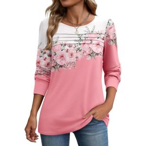 imageZeagoo Long Sleeve Shirts for Women Casual Fall Fashion Crewneck Pleated Tunic Tops Work Outfit BlouseFloral Pink 122