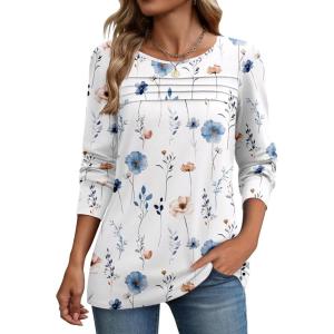 imageZeagoo Long Sleeve Shirts for Women Casual Fall Fashion Crewneck Pleated Tunic Tops Work Outfit BlouseFloral White 112