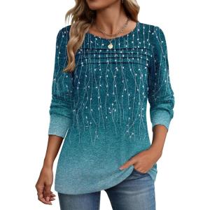 imageZeagoo Long Sleeve Shirts for Women Casual Fall Fashion Crewneck Pleated Tunic Tops Work Outfit BlouseLeaf Green 363