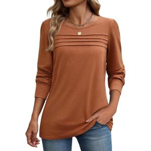 imageZeagoo Long Sleeve Shirts for Women Casual Fall Fashion Crewneck Pleated Tunic Tops Work Outfit BlouseMaple