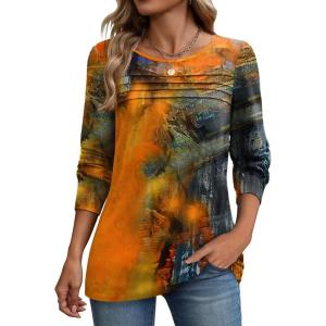 imageZeagoo Long Sleeve Shirts for Women Casual Fall Fashion Crewneck Pleated Tunic Tops Work Outfit BlousePrinted Orange 272