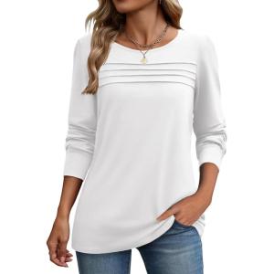 imageZeagoo Long Sleeve Shirts for Women Casual Fall Fashion Crewneck Pleated Tunic Tops Work Outfit BlouseWhite