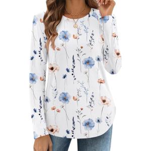 imageZeagoo Long Sleeve Shirts for Women Crew Neck Casual Fall Fashion Blouses Basic Tunic Tops Dressy Work ClothesAwhite Flowerbf112