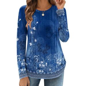 imageZeagoo Long Sleeve Shirts for Women Crew Neck Casual Fall Fashion Blouses Basic Tunic Tops Dressy Work ClothesBlue Flowermz712