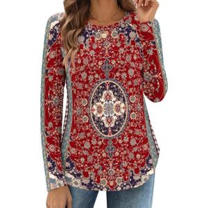 imageZeagoo Long Sleeve Shirts for Women Crew Neck Casual Fall Fashion Blouses Basic Tunic Tops Dressy Work ClothesFloral Redmz870