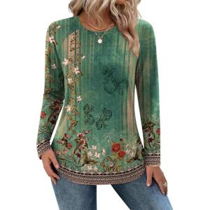 imageZeagoo Long Sleeve Shirts for Women Crew Neck Casual Fall Fashion Blouses Basic Tunic Tops Dressy Work ClothesGreen Flowermz808