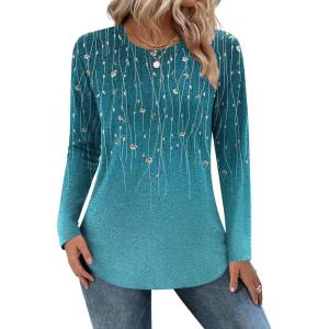 imageZeagoo Long Sleeve Shirts for Women Crew Neck Casual Fall Fashion Blouses Basic Tunic Tops Dressy Work ClothesGreen Leavexh363