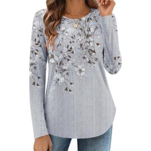 imageZeagoo Long Sleeve Shirts for Women Crew Neck Casual Fall Fashion Blouses Basic Tunic Tops Dressy Work ClothesGrey Printdh62
