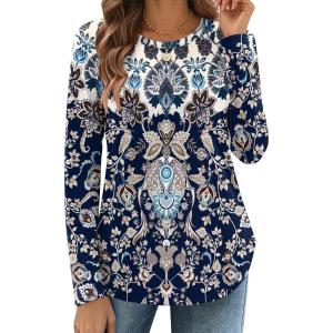 imageZeagoo Long Sleeve Shirts for Women Crew Neck Casual Fall Fashion Blouses Basic Tunic Tops Dressy Work ClothesNavy Printmz873