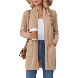 imageZeagoo Women Long Cardigan Sweaters Lightweight Open Front Duster Knit Fashion Sweater Coats Trendy Cardigans with PocketKhaki