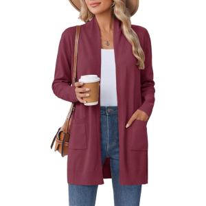 imageZeagoo Women Long Cardigan Sweaters Lightweight Open Front Duster Knit Fashion Sweater Coats Trendy Cardigans with PocketWine Red