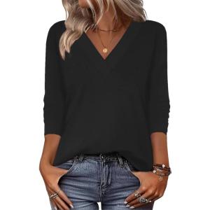 imageZeagoo Women Long Sleeve Tops Dressy Casual V Neck Tshirts Basics Tee 2025 Fall Trendy ClothesBlack