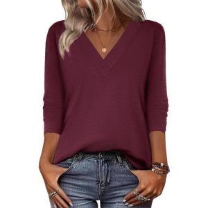 imageZeagoo Women Long Sleeve Tops Dressy Casual V Neck Tshirts Basics Tee 2025 Fall Trendy ClothesWine Red