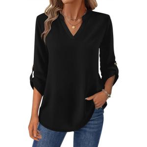 imageZeagoo Womens Roll Up Long Sleeve Tops V Neck Shirts Dressy Casual Work Blouses S2XLBlack