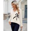 imageZeagoo Womens Sweaters Fall Casual Long Sleeve V Neck Shirts Lightweight Crochet Ribbed Knit Pullover Tops OutfitsBow